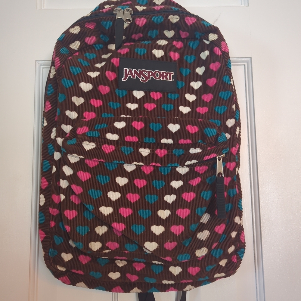Vintage JanSport Corduroy Backpack RARE Heart Design Brown Pink Blue 1990s